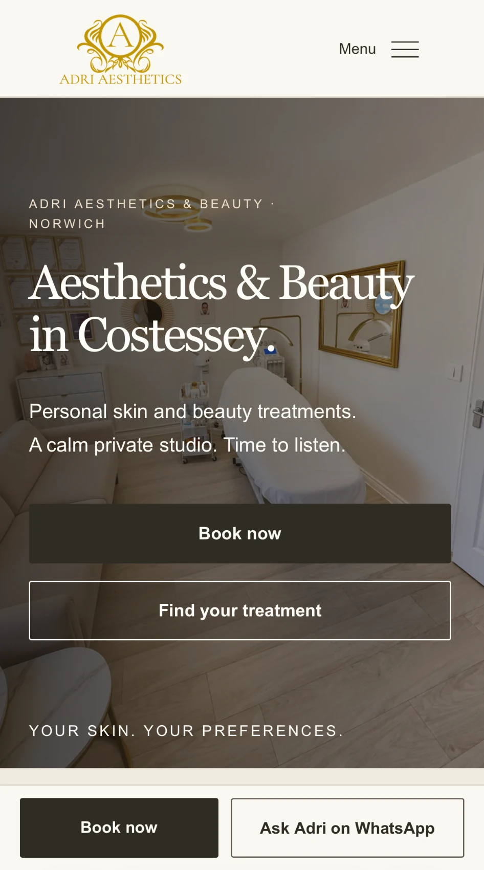 Actual mobile view of Adri’s website with Book now, treatment information and WhatsApp links
